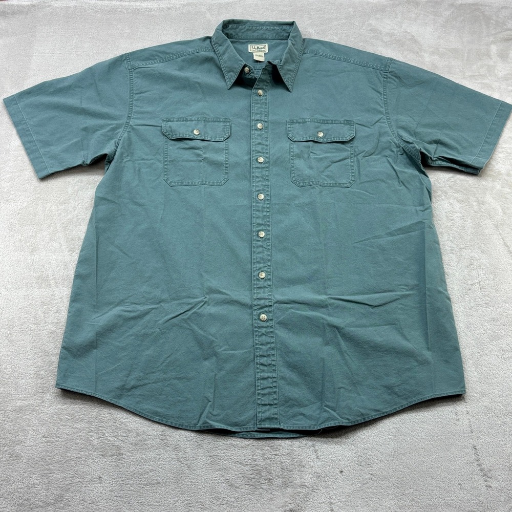 L.L. Bean Button Down Shirt Mens XXL-Tall Teal Short Sleeve Cotton Utility 0FCX1